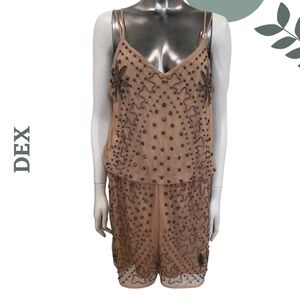 Sparkling Beaded Nude Romper by Dex | Glam Party Style | Size Large